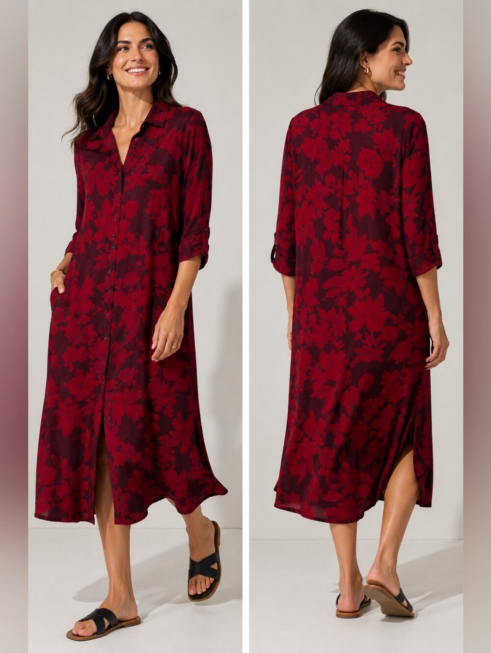 Cabi Shirtdress Red Flower Burst Mesh Button Front Duster Maxi XL